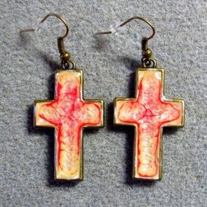 Handmade Bronze Cream Red Cross Dangle Earrings